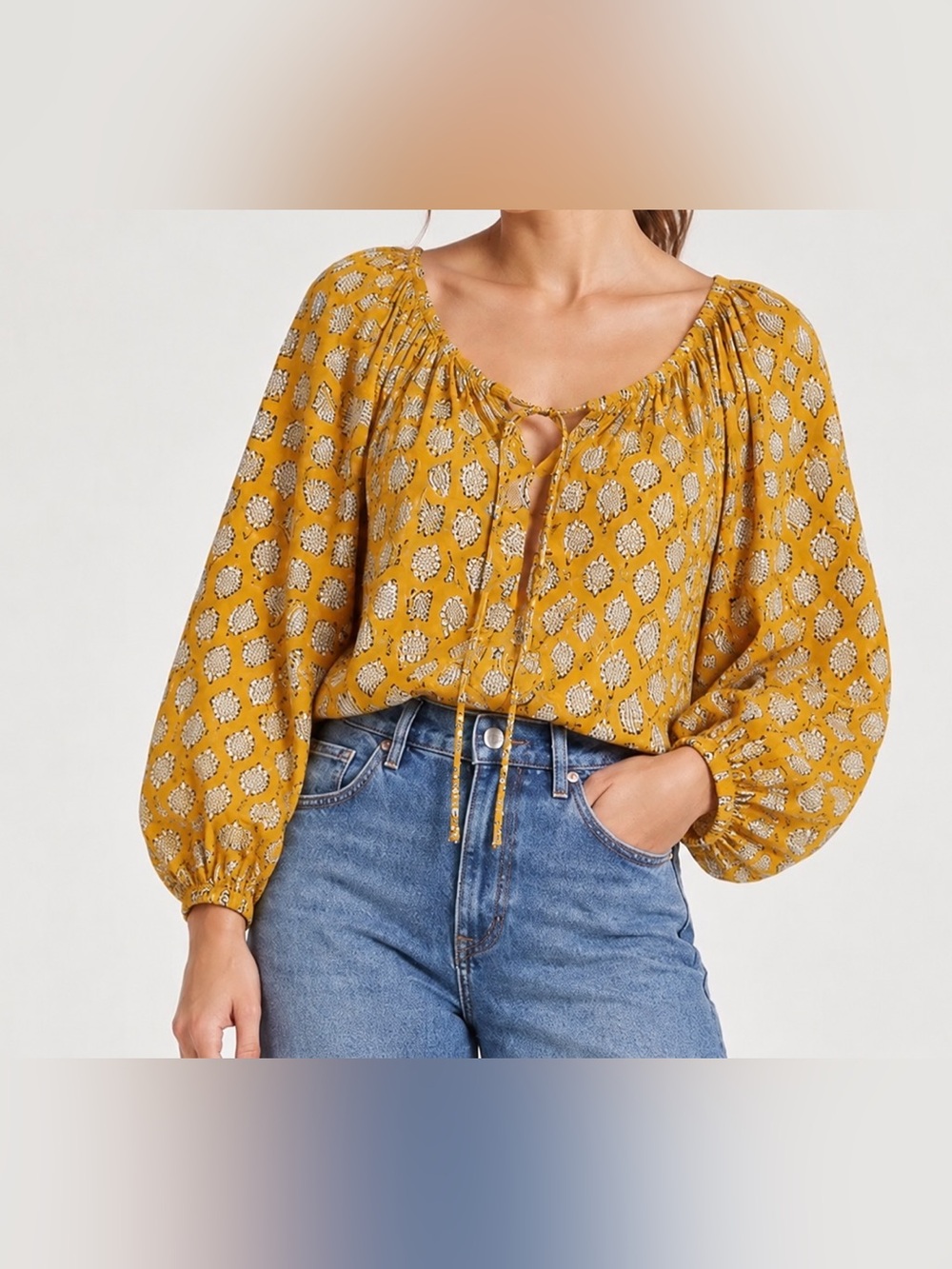 Emerson Fry Organic Cotton Yellow Floral V-Neck Peasant Puff Blouse S